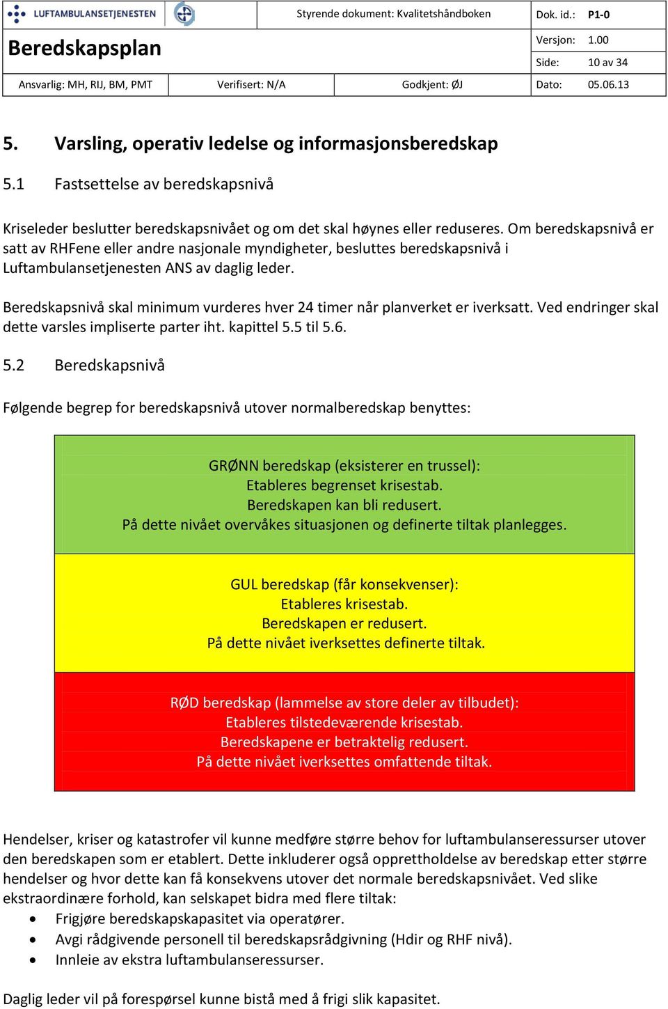 Beredskapsnivå skal minimum vurderes hver 24 timer når planverket er iverksatt. Ved endringer skal dette varsles impliserte parter iht. kapittel 5.