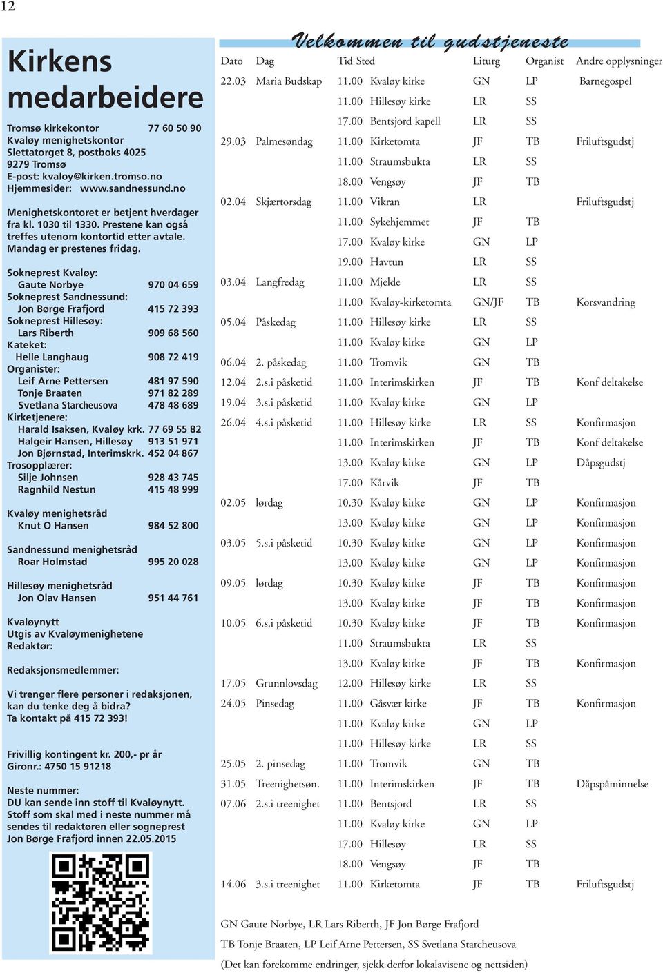 Sokneprest Kvaløy: Gaute Norbye 970 04 659 Sokneprest Sandnessund: Jon Børge Frafjord 415 72 393 Sokneprest Hillesøy: Lars Riberth 909 68 560 Kateket: Helle Langhaug 908 72 419 Organister: Leif Arne