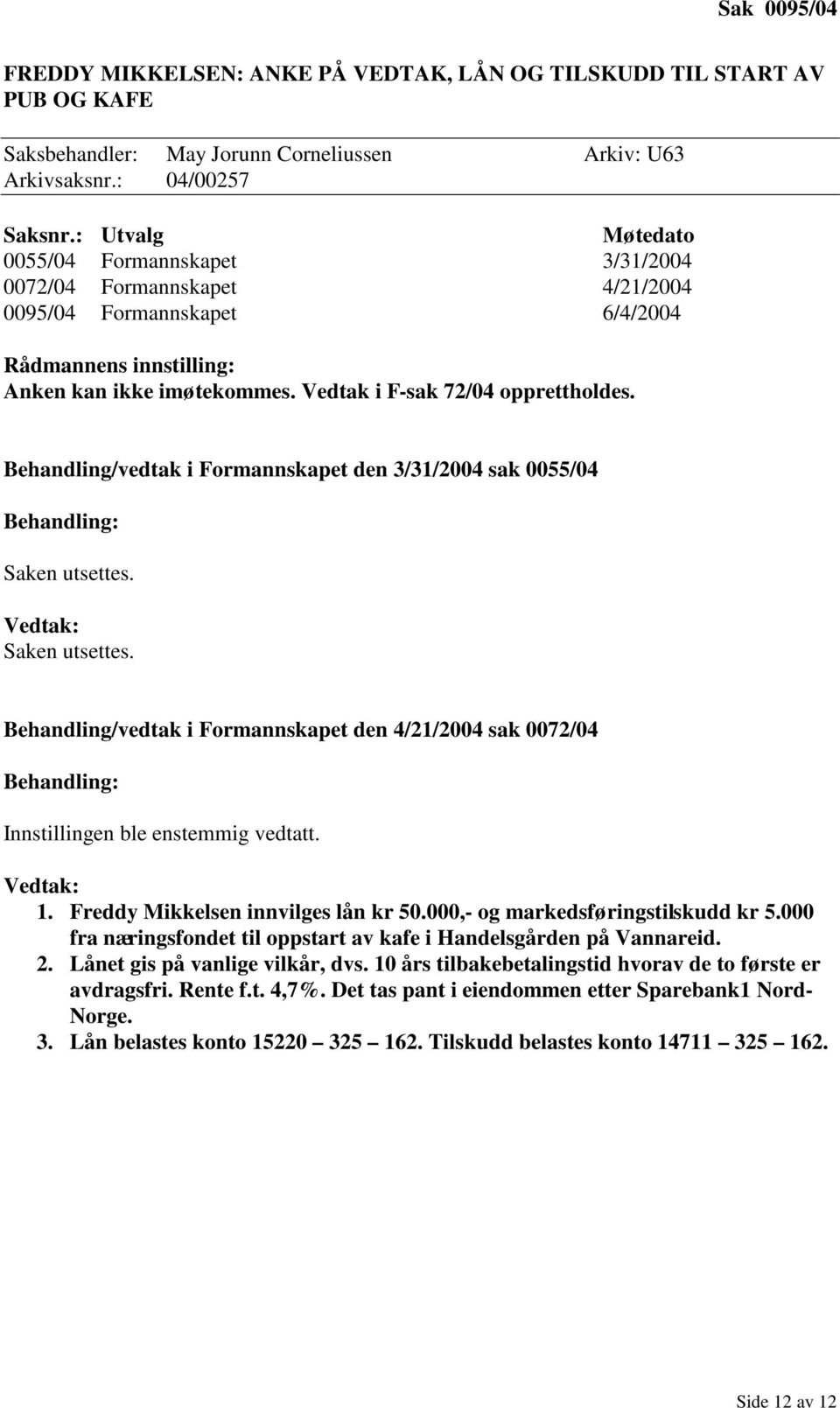 Behandling/vedtak i Formannskapet den 3/31/2004 sak 0055/04 Behandling: Saken utsettes. Vedtak: Saken utsettes.