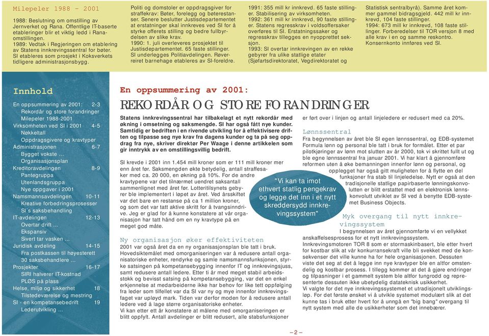 Innhold En oppsummering av 2001: 2-3 Rekordår og store forandringer Milepeler 1988-2001 Virksomheten ved SI i 2001 4-5 Nøkkeltall Oppdragsgivere og kravtyper Administrasjonen 6-7 Bygget vokste