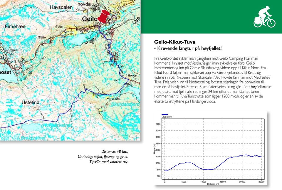 Fra Kikut Nord følger man sykkelvei opp via Geilo Fjellandsby til Kikut, og videre inn på Riksveien mot Skurdalen. Ved Hovde tar man mot Nedrestøl/ Tuva.