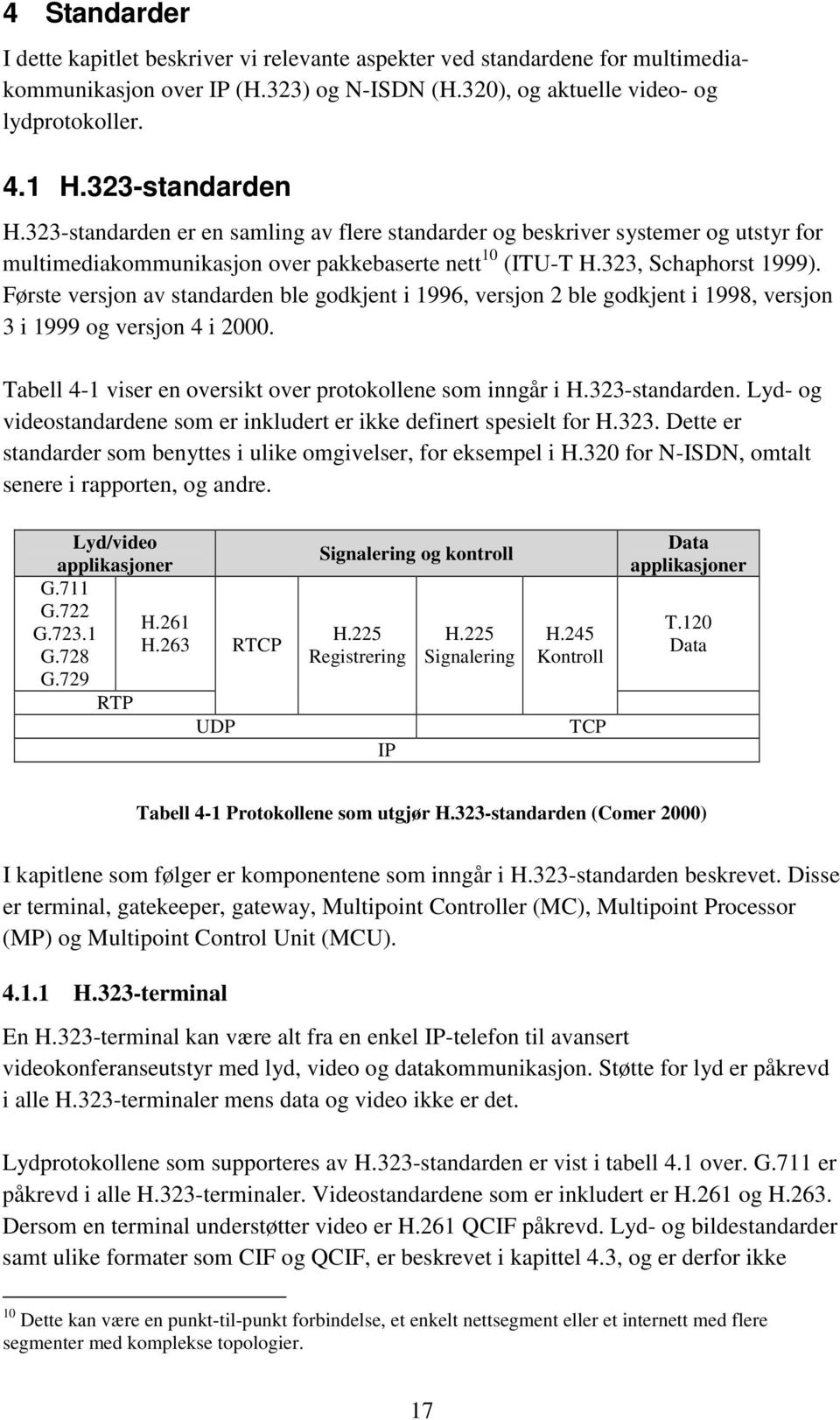 Første versjon av standarden ble godkjent i 1996, versjon 2 ble godkjent i 1998, versjon 3 i 1999 og versjon 4 i 2000. Tabell 4-1 viser en oversikt over protokollene som inngår i H.323-standarden.