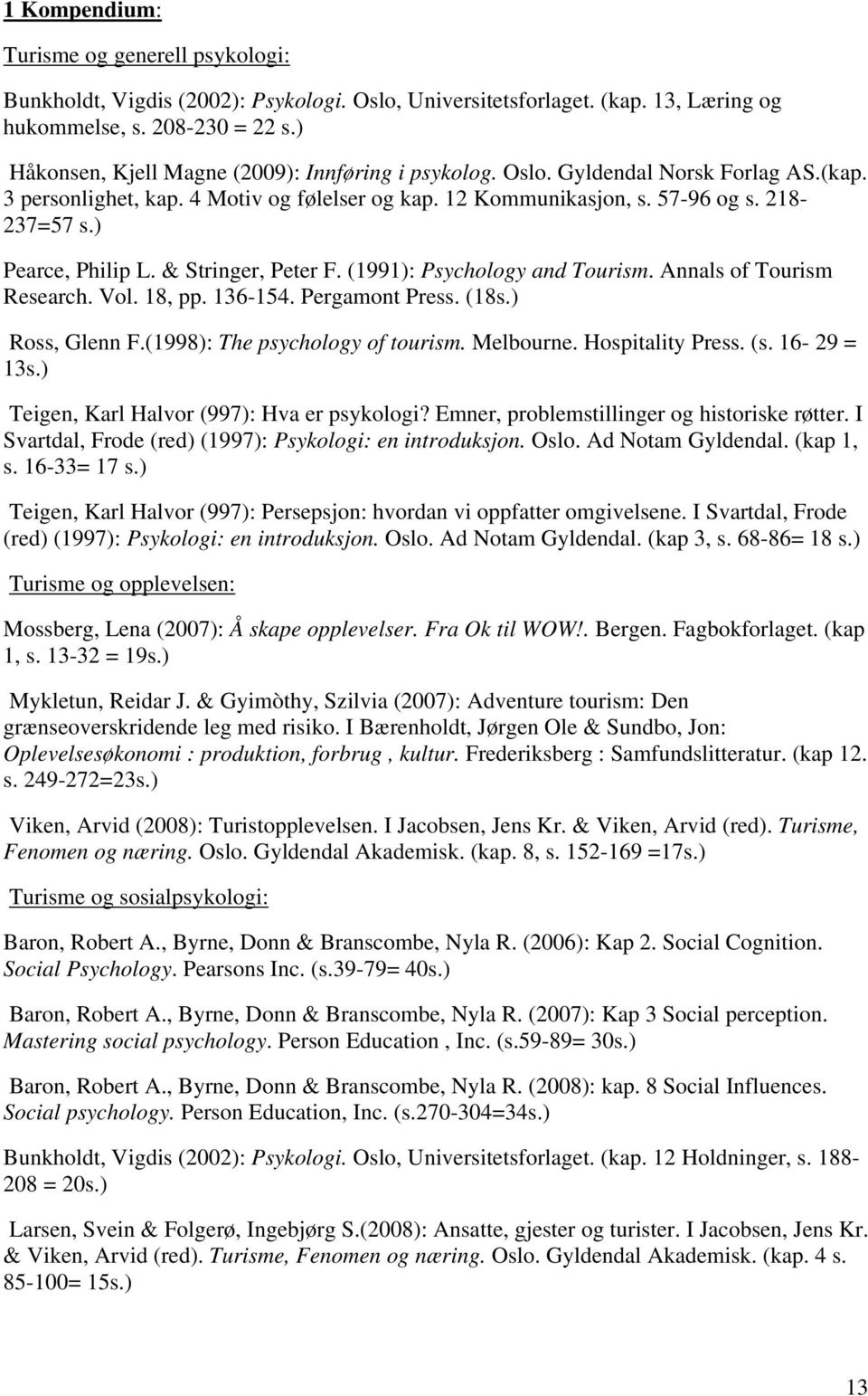 ) Pearce, Philip L. & Stringer, Peter F. (1991): Psychology and Tourism. Annals of Tourism Research. Vol. 18, pp. 136-154. Pergamont Press. (18s.) Ross, Glenn F.(1998): The psychology of tourism.