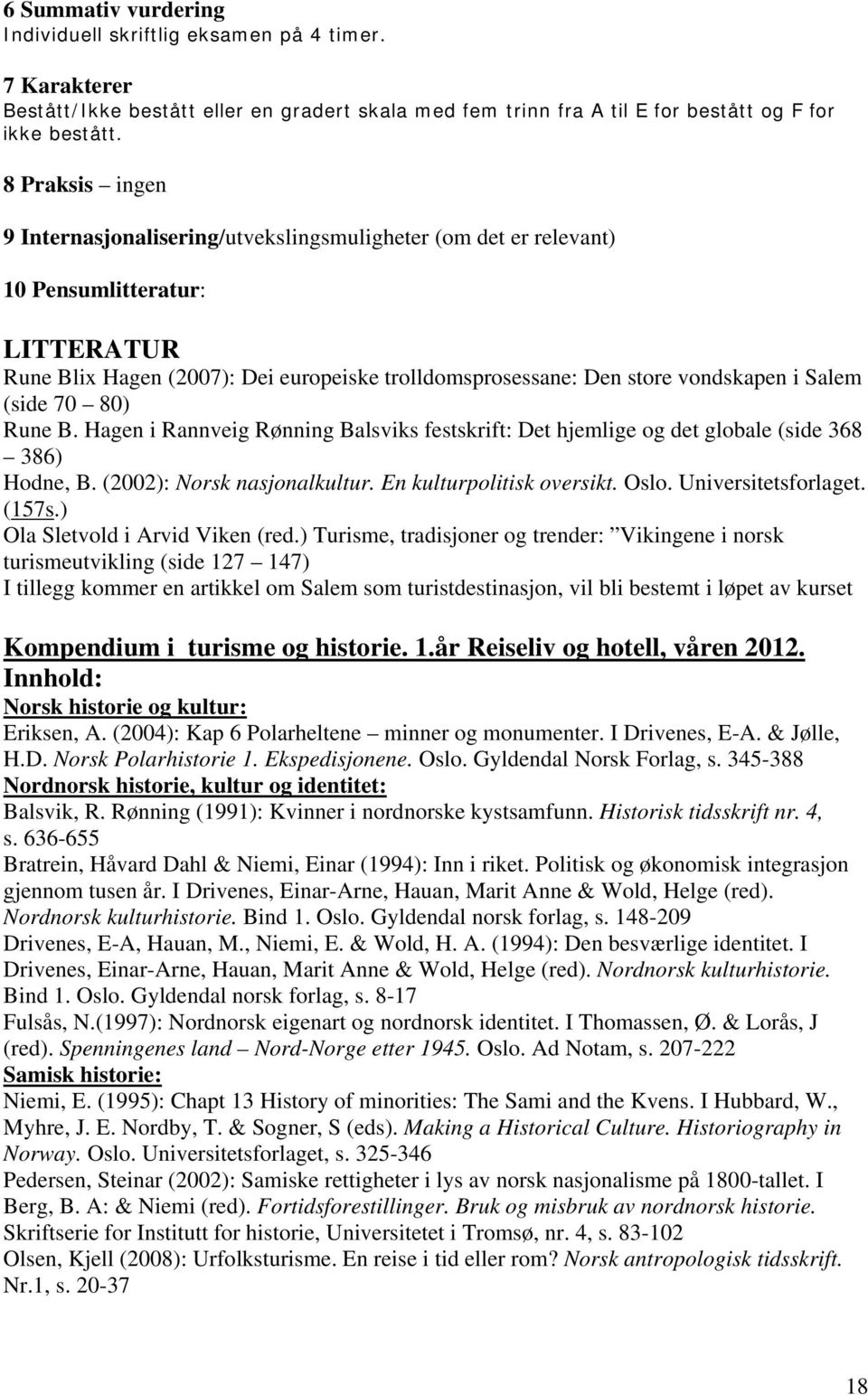 Salem (side 70 80) Rune B. Hagen i Rannveig Rønning Balsviks festskrift: Det hjemlige og det globale (side 368 386) Hodne, B. (2002): Norsk nasjonalkultur. En kulturpolitisk oversikt. Oslo.