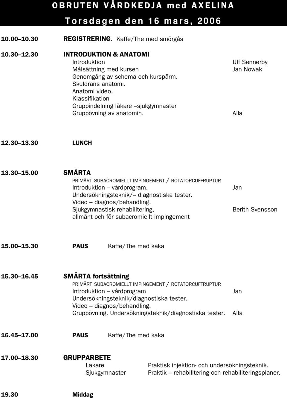 Klassifikation Gruppindelning läkare sjukgymnaster Gruppövning av anatomin. Ulf Sennerby Nowak Alla 12.30 13.30 LUNCH 13.30 15.