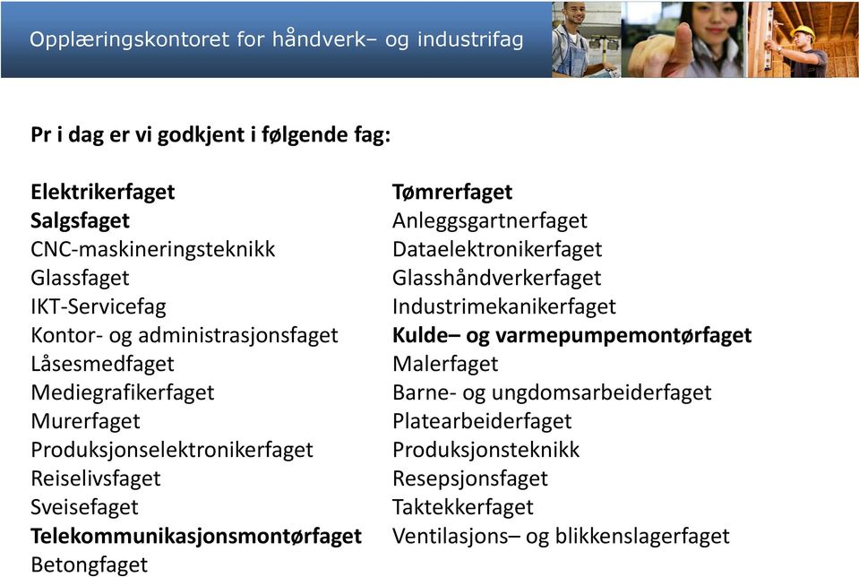 Telekommunikasjonsmontørfaget Betongfaget Tømrerfaget Anleggsgartnerfaget Dataelektronikerfaget Glasshåndverkerfaget Industrimekanikerfaget