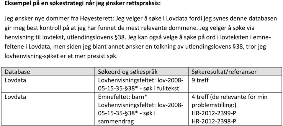 Jeg kan også velge å søke på ord i lovteksten i emnefeltene i, men siden jeg blant annet ønsker en tolkning av utlendingslovens 38, tror jeg lovhenvisning-søket er et mer presist søk.