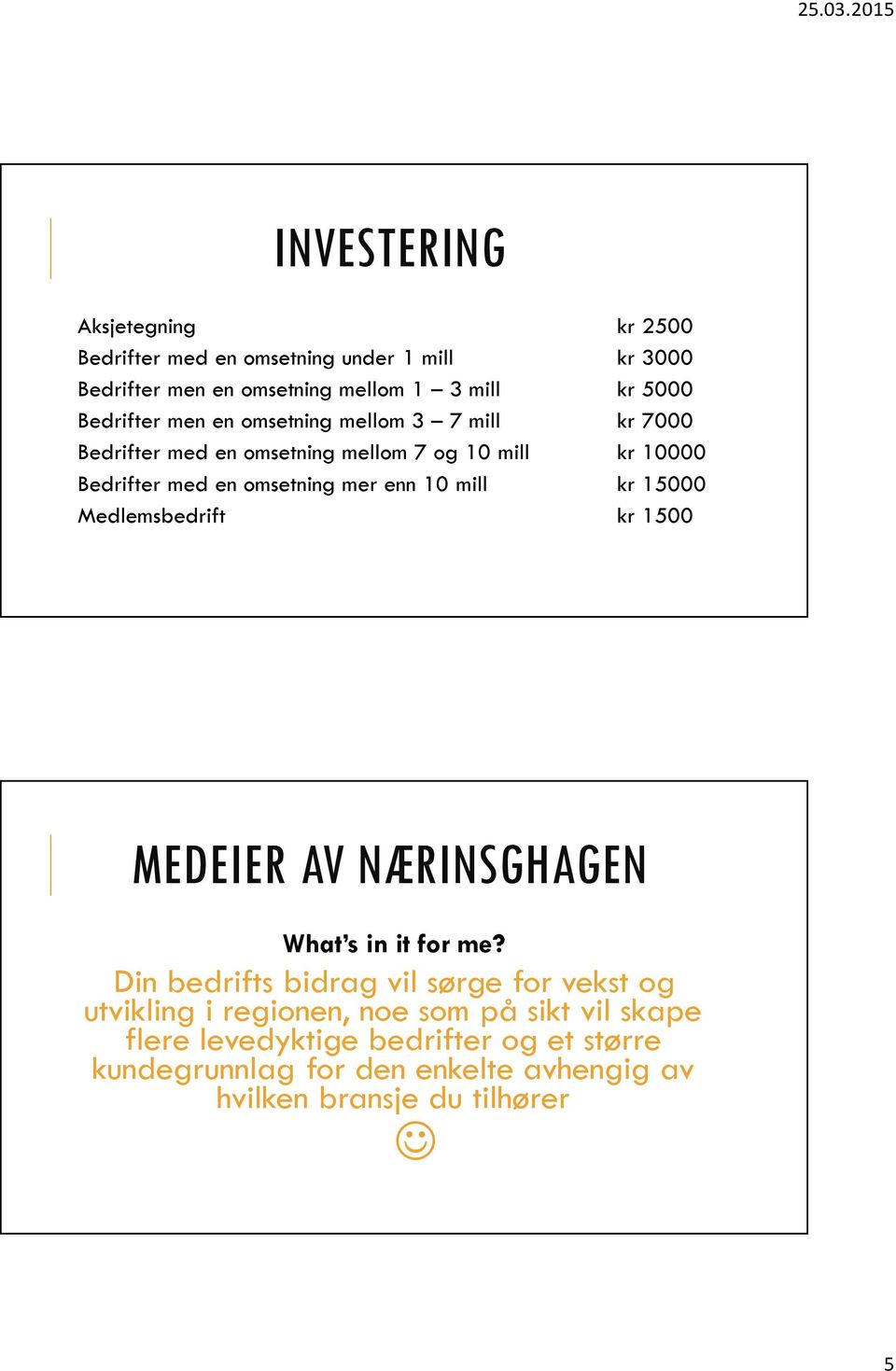 enn 10 mill kr 15000 Medlemsbedrift kr 1500 MEDEIER AV NÆRINSGHAGEN What s in it for me?