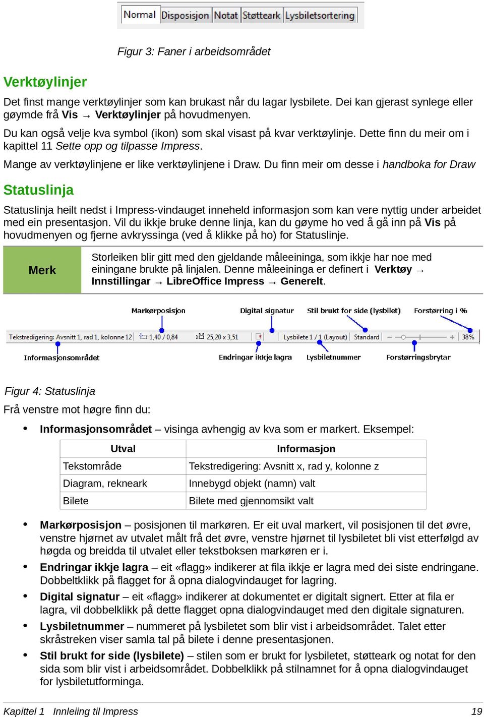 Du finn meir om desse i handboka for Draw Statuslinja Statuslinja heilt nedst i Impress-vindauget inneheld informasjon som kan vere nyttig under arbeidet med ein presentasjon.