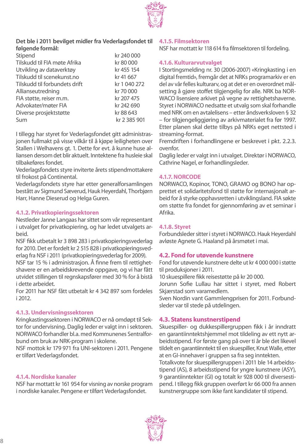 m. kr 207 475 Advokater/møter FIA kr 242 690 Diverse prosjektstøtte kr 88 643 Sum kr 2 385 901 I tillegg har styret for Vederlagsfondet gitt administrasjonen fullmakt på visse vilkår til å kjøpe