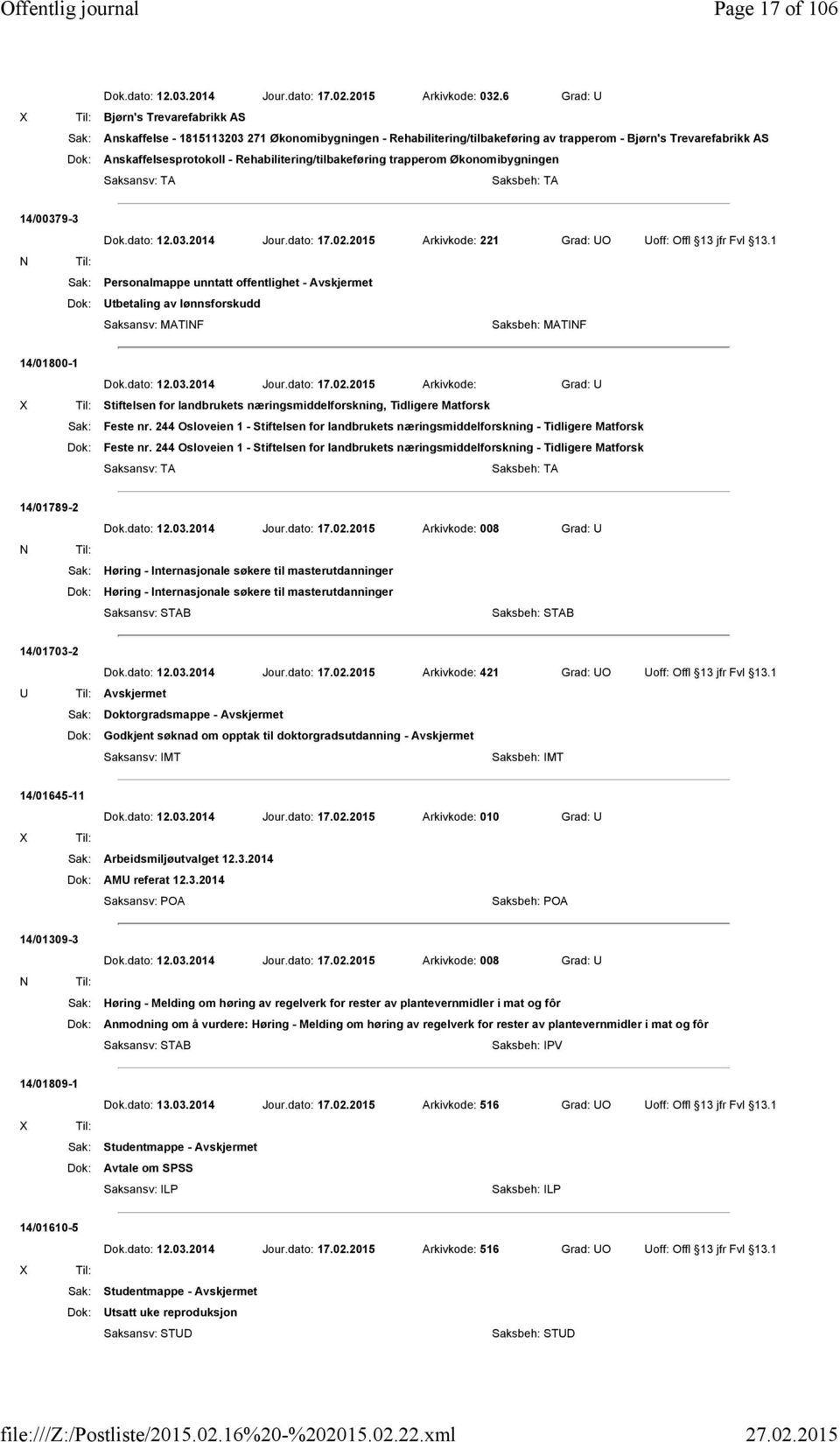 Rehabilitering/tilbakeføring trapperom Økonomibygningen Saksansv: TA Saksbeh: TA 14/00379-3 Sak: Dok: Dok.dato: 12.03.2014 Jour.dato: 17.02.2015 Arkivkode: 221 Grad: UO Uoff: Offl 13 jfr Fvl 13.