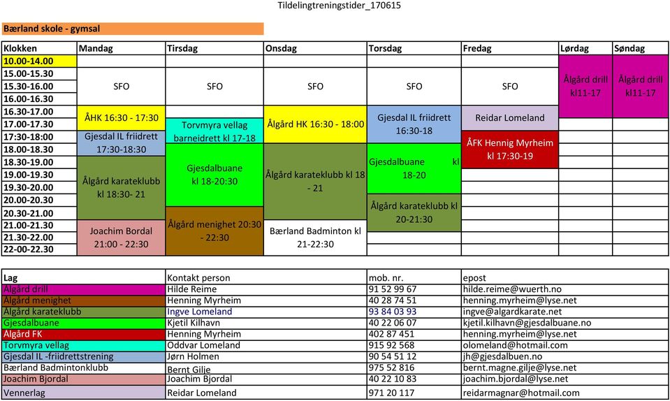 Ålgård HK 16:30-18:00 Ålgård karateklubb kl 18-21 Bærland Badminton kl 21-22:30 Gjesdal IL friidrett 16:30-18 18-20 kl Ålgård karateklubb kl 20-21:30 Reidar Lomeland Hennig Myrheim kl 17:30-19