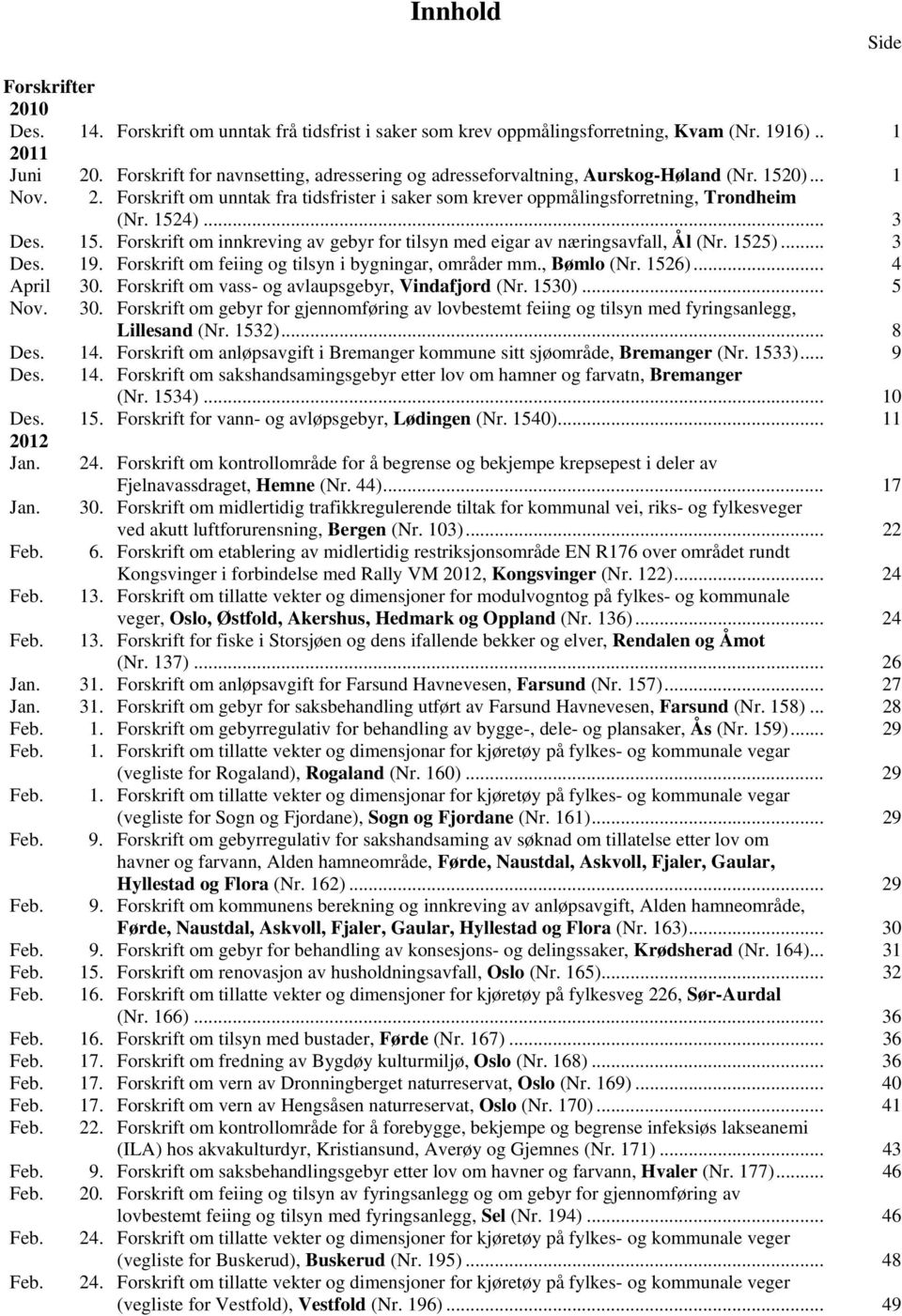 .. 3 Des. 15. Forskrift om innkreving av gebyr for tilsyn med eigar av næringsavfall, Ål (Nr. 1525)... 3 Des. 19. Forskrift om feiing og tilsyn i bygningar, områder mm., Bømlo (Nr. 1526)... 4 April 30.