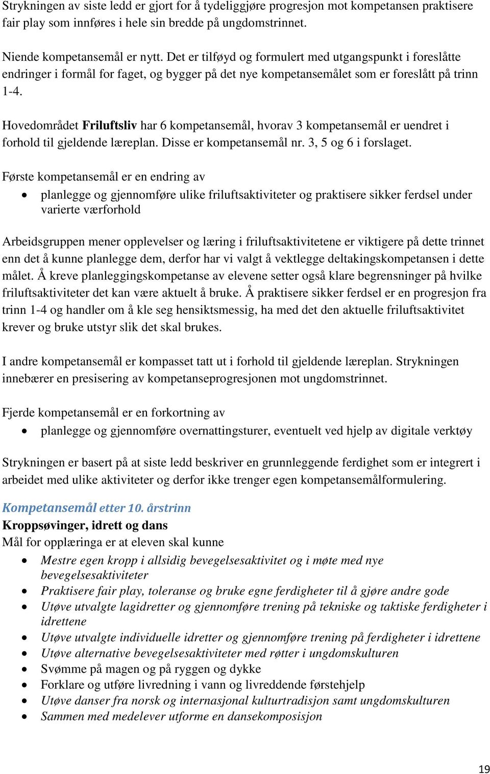 Hovedområdet Friluftsliv har 6 kompetansemål, hvorav 3 kompetansemål er uendret i forhold til gjeldende læreplan. Disse er kompetansemål nr. 3, 5 og 6 i forslaget.