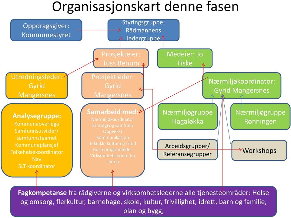 Nærmiljøkoordinator Strategi og samfunn Oppvekst Kommunikasjon Teknikk, kultur og fritid Boso programleder Virksomhetsledere fra sonen Nærmiljøgruppe Hagaløkka Arbeidsgrupper/ Referansegrupper