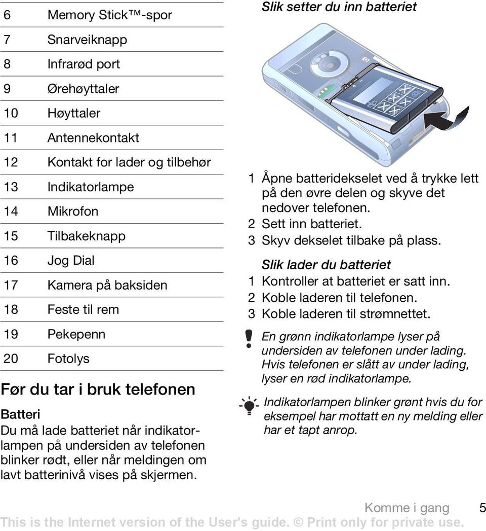 rødt, eller når meldingen om lavt batterinivå vises på skjermen. 1 Åpne batteridekselet ved å trykke lett på den øvre delen og skyve det nedover telefonen. 2 Sett inn batteriet.