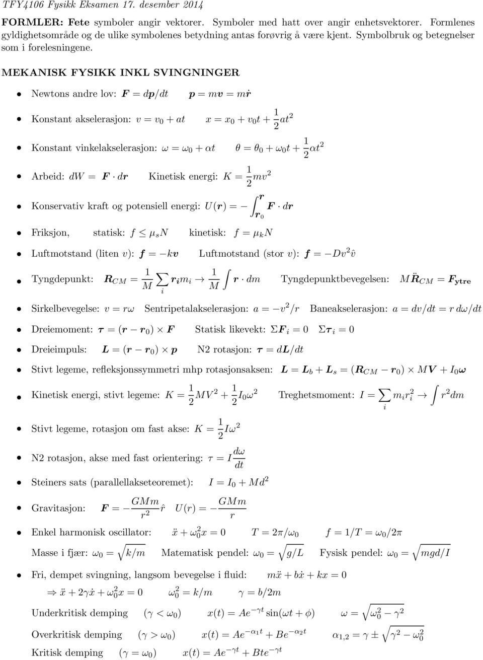 MEKANISK FYSIKK INKL SVINGNINGER Newtons andre lov: F = dp/dt Konstant akselerasjon: v = v 0 +at p = mv = mṙ x = x 0 +v 0 t+ 1 2 at2 Konstant vinkelakselerasjon: ω = ω 0 +αt θ = θ 0 +ω 0 t+ 1 2 αt2