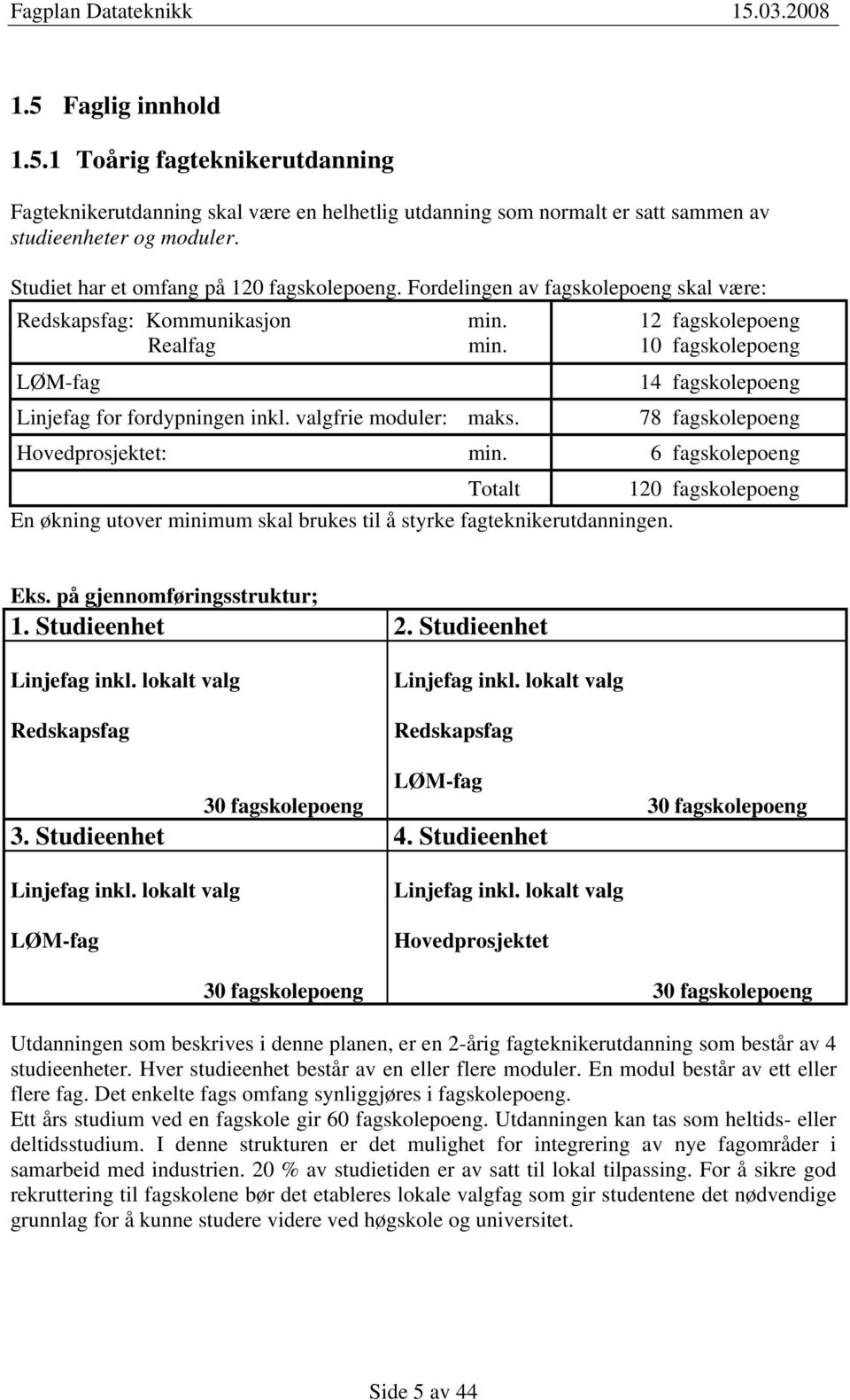 10 fagskolepoeng LØM-fag Linjefag for fordypningen inkl. valgfrie moduler: maks. 14 fagskolepoeng 78 fagskolepoeng Hovedprosjektet: min.