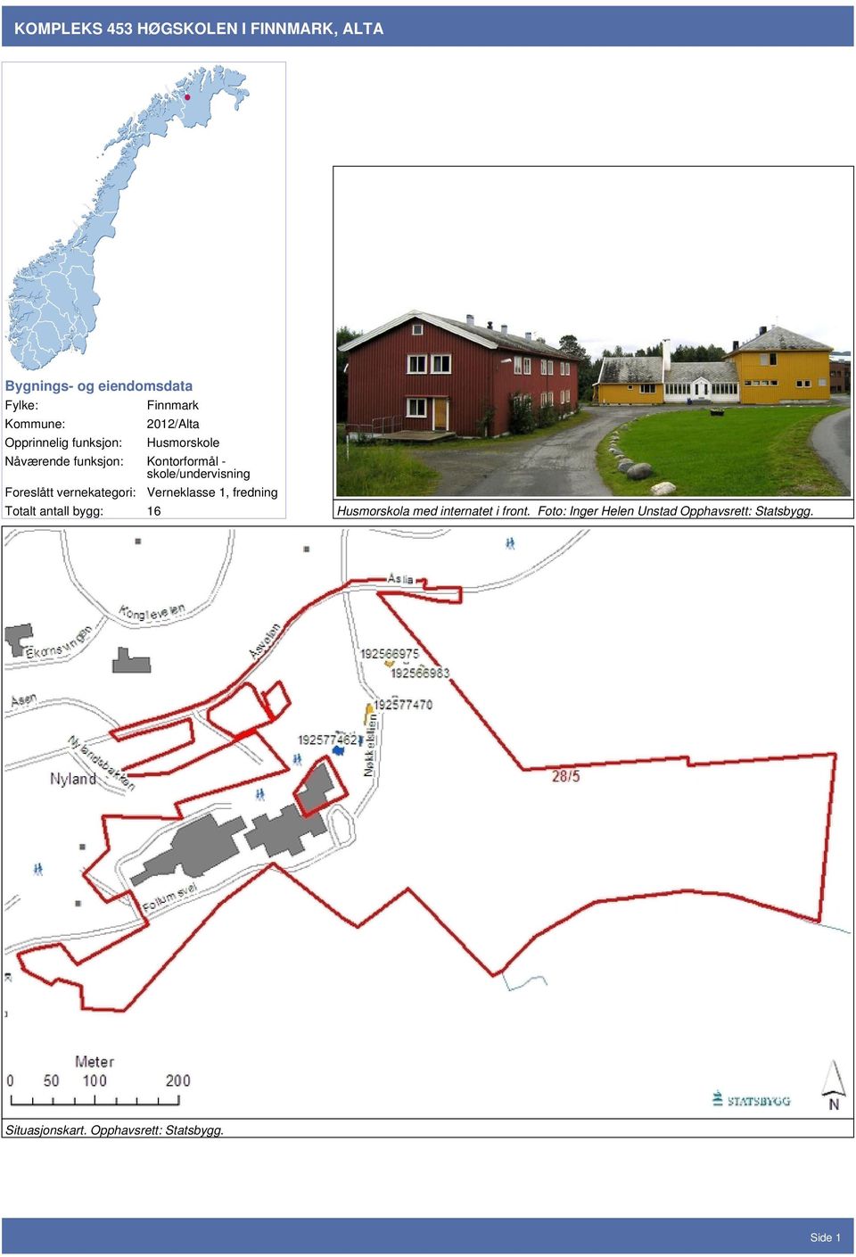 Foreslått vernekategori: Verneklasse 1, fredning Totalt antall bygg: 16 Husmorskola med