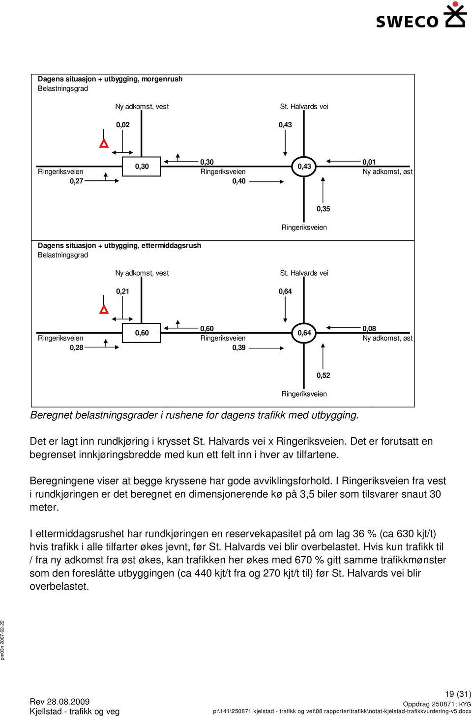 Det er forutsatt en begrenset innkjøringsbredde med kun ett felt inn i hver av tilfartene. Beregningene viser at begge kryssene har gode avviklingsforhold.