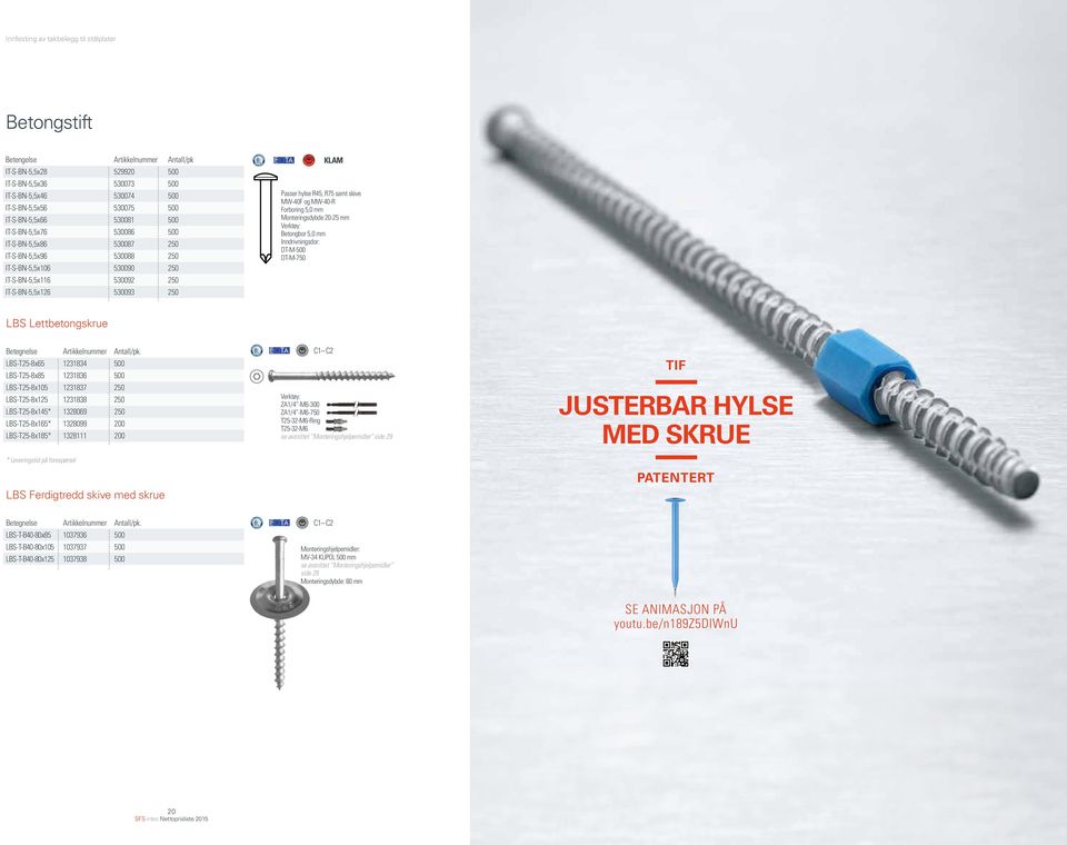 hylse R45, R75 samt skive MW-40F og MW-40-R Forboring 5,0 mm Monteringsdybde 20-25 mm Betongbor 5,0 mm Inndrivningsdor: DT-M-500 DT-M-750 LBS Lettbetongskrue LBS-T25-8x65 1231834 500 LBS-T25-8x85