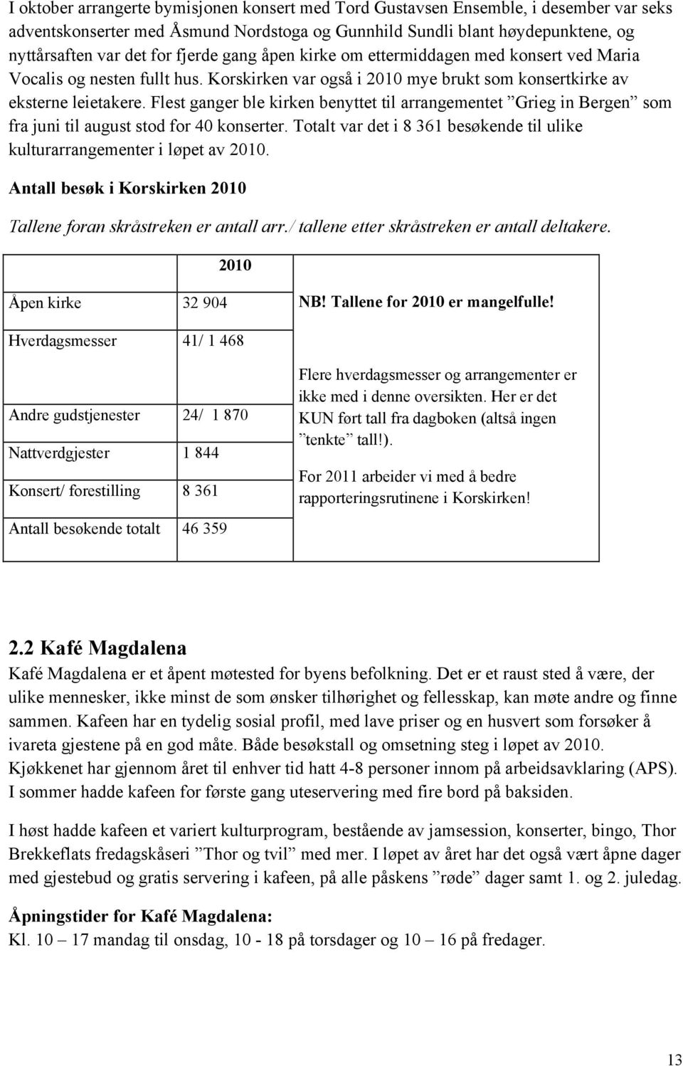 Flest ganger ble kirken benyttet til arrangementet Grieg in Bergen som fra juni til august stod for 40 konserter. Totalt var det i 8 361 besøkende til ulike kulturarrangementer i løpet av 2010.