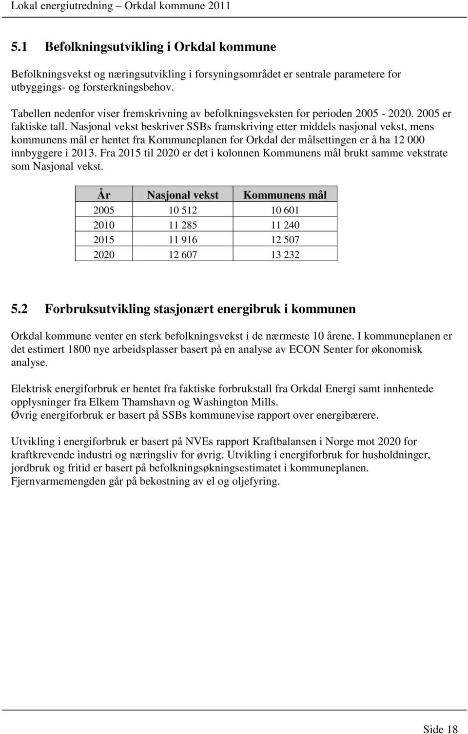 Nasjonal vekst beskriver SSBs framskriving etter middels nasjonal vekst, mens kommunens mål er hentet fra Kommuneplanen for Orkdal der målsettingen er å ha 12 000 innbyggere i 2013.