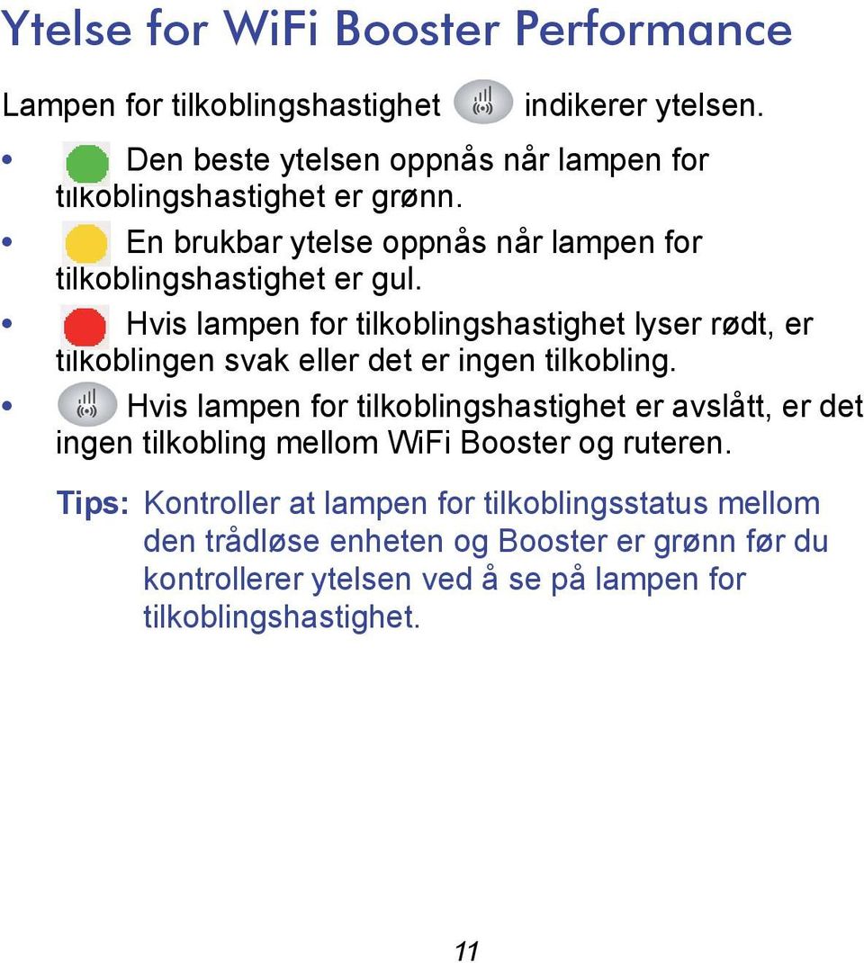 Hvis lampen for tilkoblingshastighet lyser rødt, er tilkoblingen svak eller det er ingen tilkobling.