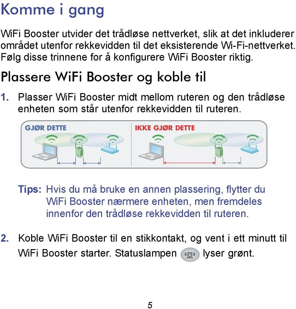 Plasser WiFi Booster midt mellom ruteren og den trådløse enheten som står utenfor rekkevidden til ruteren.