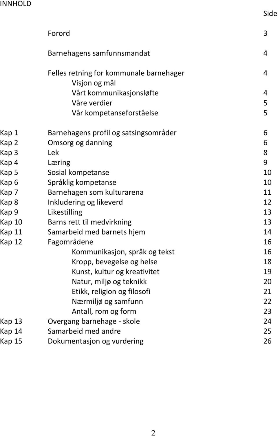 likeverd 12 Kap 9 Likestilling 13 Kap 10 Barns rett til medvirkning 13 Kap 11 Samarbeid med barnets hjem 14 Kap 12 Fagområdene 16 Kommunikasjon, språk og tekst 16 Kropp, bevegelse og helse 18 Kunst,