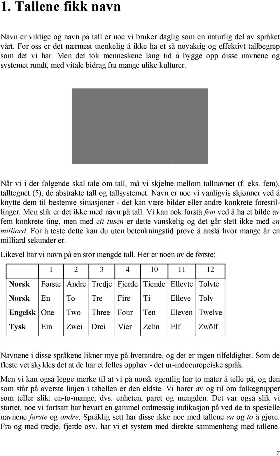 Men det tok menneskene lang tid å bygge opp disse navnene og systemet rundt, med vitale bidrag fra mange ulike kulturer. Når vi i det følgende skal tale om tall, må vi skjelne mellom tallnavnet (f.