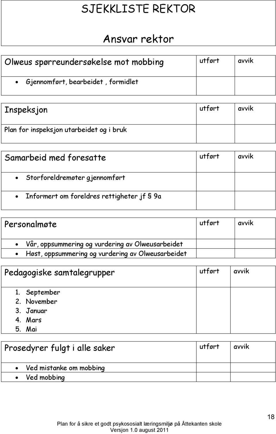 Personalmøte utført avvik Vår, oppsummering og vurdering av Olweusarbeidet Høst, oppsummering og vurdering av Olweusarbeidet Pedagogiske