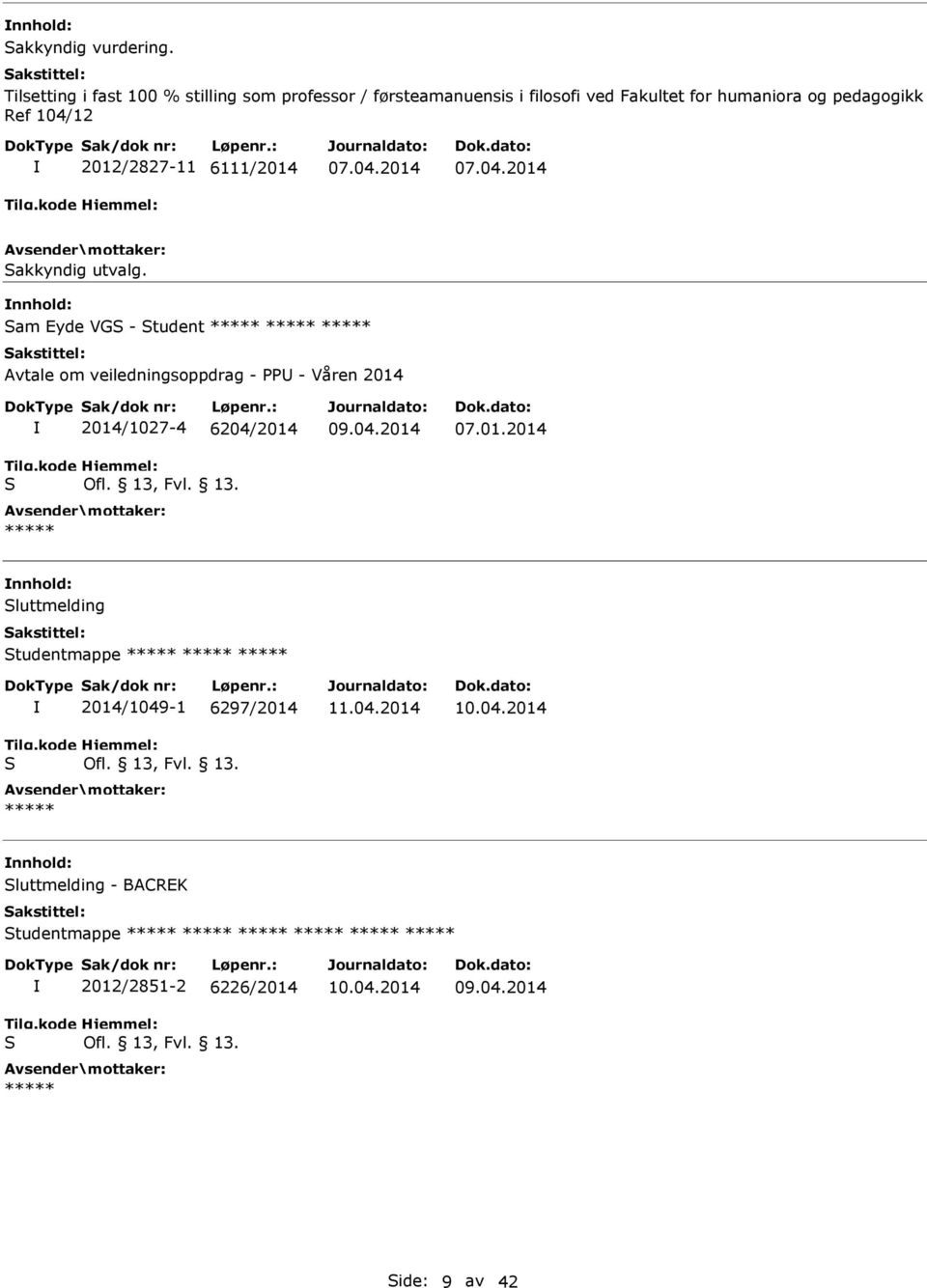 humaniora og pedagogikk Ref 104/12 2012/2827-11 6111/2014 akkyndig utvalg.