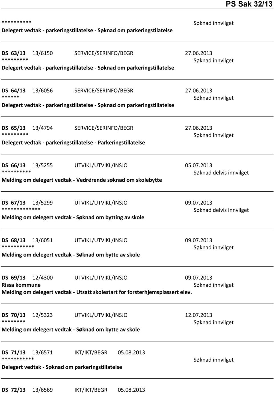 2013 ****** Søknad innvilget Delegert vedtak - parkeringstillatelse - Søknad om parkeringstillatelse DS 65/13 13/4794 SERVICE/SERINFO/BEGR 27.06.