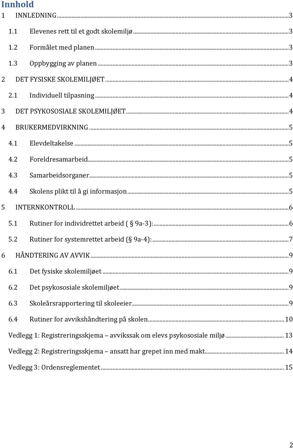 .. 5 5 INTERNKONTROLL... 6 5.1 Rutiner for individrettet arbeid ( 9a 3):... 6 5.2 Rutiner for systemrettet arbeid ( 9a 4):... 7 6 HÅNDTERING AV AVVIK... 9 6.1 Det fysiske skolemiljøet... 9 6.2 Det psykososiale skolemiljøet.