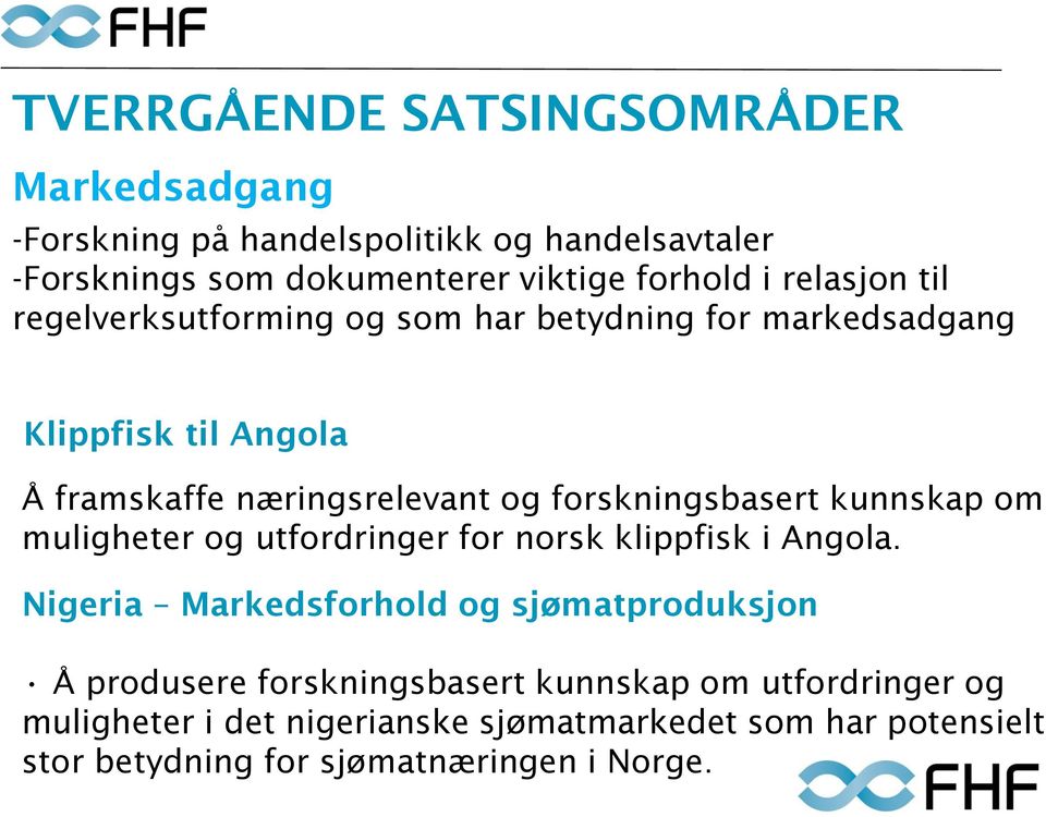 forskningsbasert kunnskap om muligheter og utfordringer for norsk klippfisk i Angola.