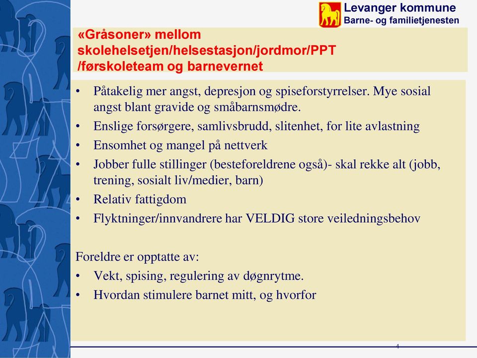 Enslige forsørgere, samlivsbrudd, slitenhet, for lite avlastning Ensomhet og mangel på nettverk Jobber fulle stillinger (besteforeldrene også)-