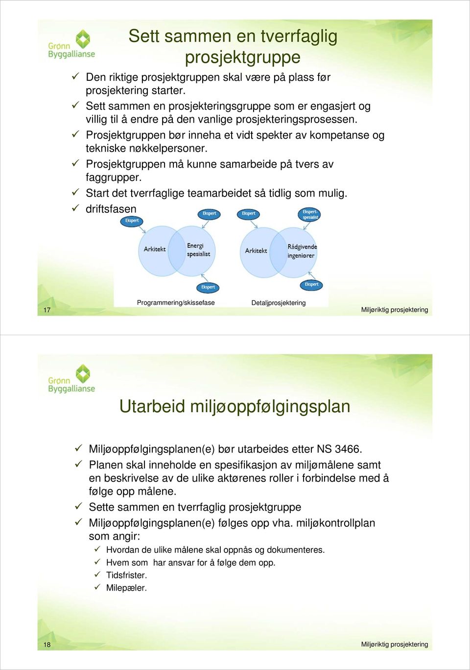 Prosjektgruppen må kunne samarbeide på tvers av faggrupper. Start det tverrfaglige teamarbeidet så tidlig som mulig.