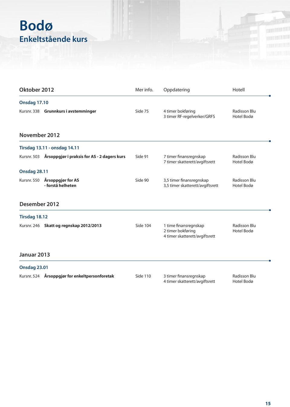 503 Årsoppgjør i praksis for AS - 2 dagers kurs Side 91 7 timer finansregnskap 7 timer skatterett/avgiftsrett Radisson Blu Hotel Bodø Onsdag 28.11 Kursnr.