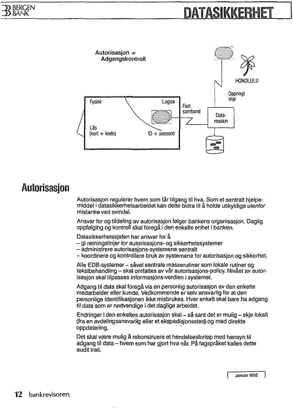 hjelpemiddel i datasikkerhetsarbeidet kan dette bidra til a holde uskyjdige utenfor mistanke ved svinde1. Ansvar for og tildeling av autorisasjon folger bankens organisasjon.