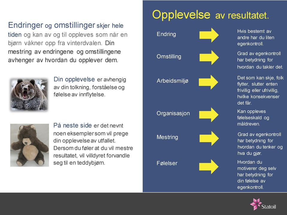 Din opplevelse er avhengig av din tolkning, forståelse og følelse av innflytelse. På neste side er det nevnt noen eksempler som vil prege din opplevelse av utfallet.