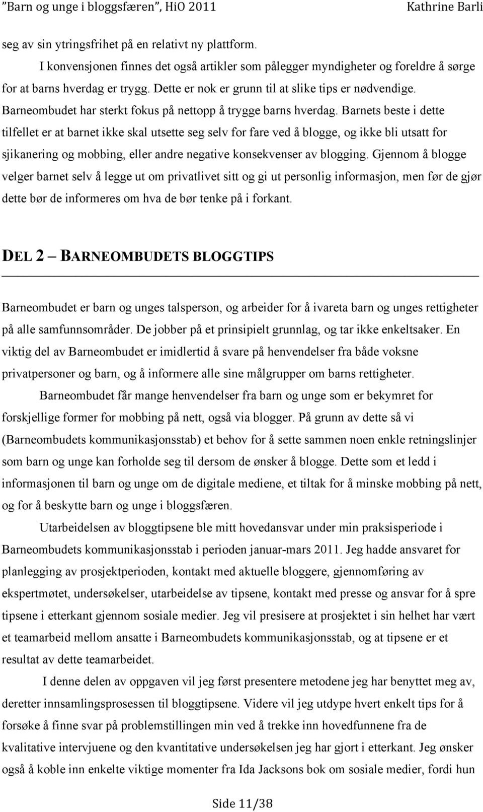 Barnets beste i dette tilfellet er at barnet ikke skal utsette seg selv for fare ved å blogge, og ikke bli utsatt for sjikanering og mobbing, eller andre negative konsekvenser av blogging.