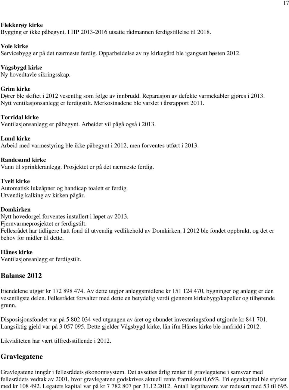 Reparasjon av defekte varmekabler gjøres i 2013. Nytt ventilasjonsanlegg er ferdigstilt. Merkostnadene ble varslet i årsrapport 2011. Torridal kirke Ventilasjonsanlegg er påbegynt.