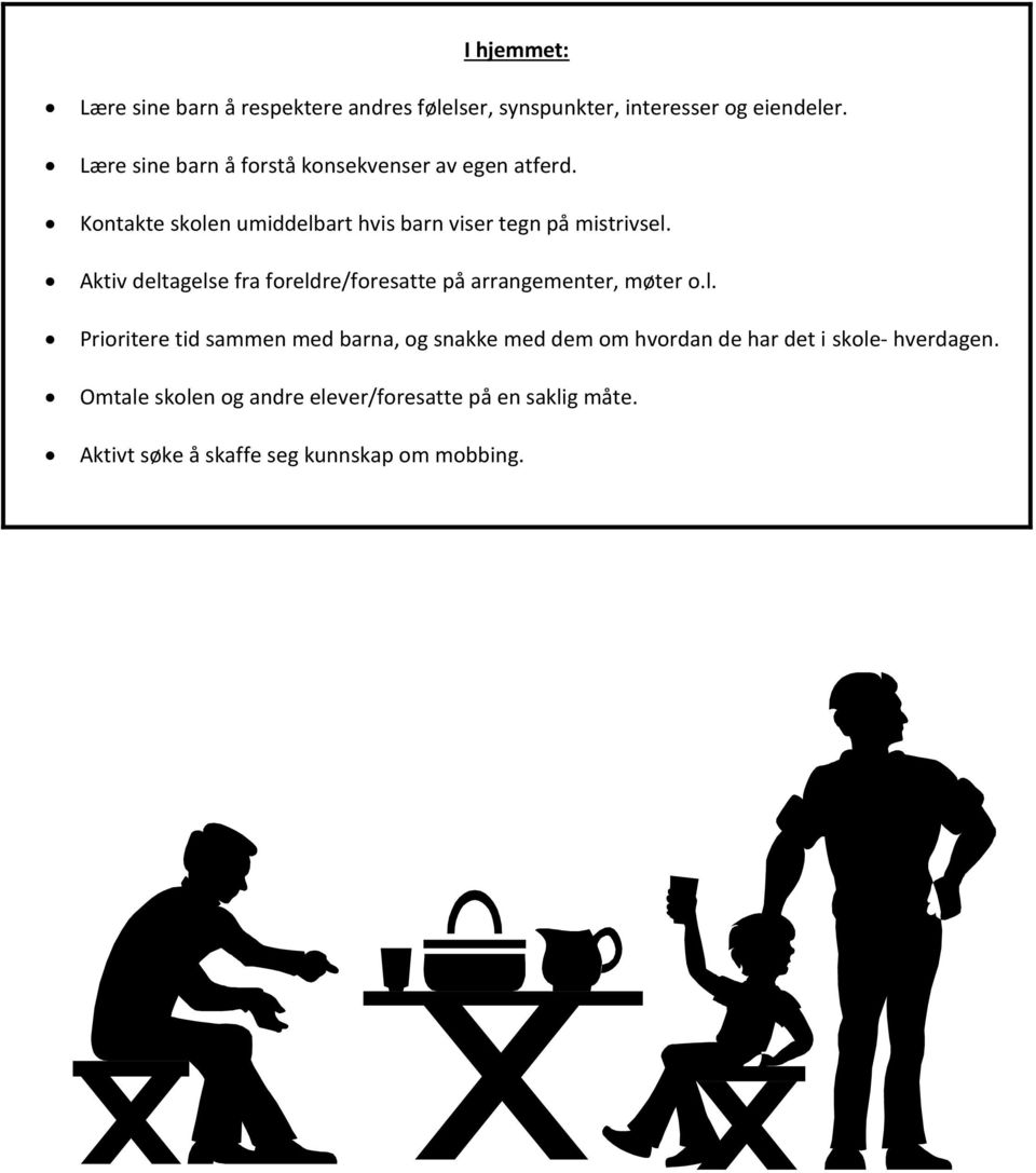 Aktiv deltagelse fra foreldre/foresatte på arrangementer, møter o.l. Prioritere tid sammen med barna, og snakke med dem om hvordan de har det i skole- hverdagen.