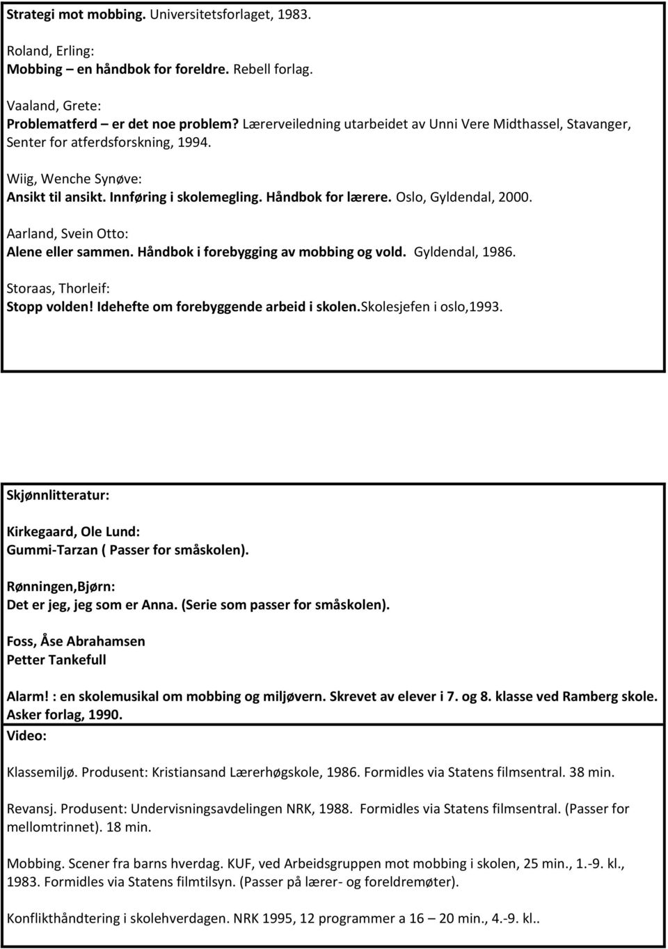 Oslo, Gyldendal, 2000. Aarland, Svein Otto: Alene eller sammen. Håndbok i forebygging av mobbing og vold. Gyldendal, 1986. Storaas, Thorleif: Stopp volden! Idehefte om forebyggende arbeid i skolen.