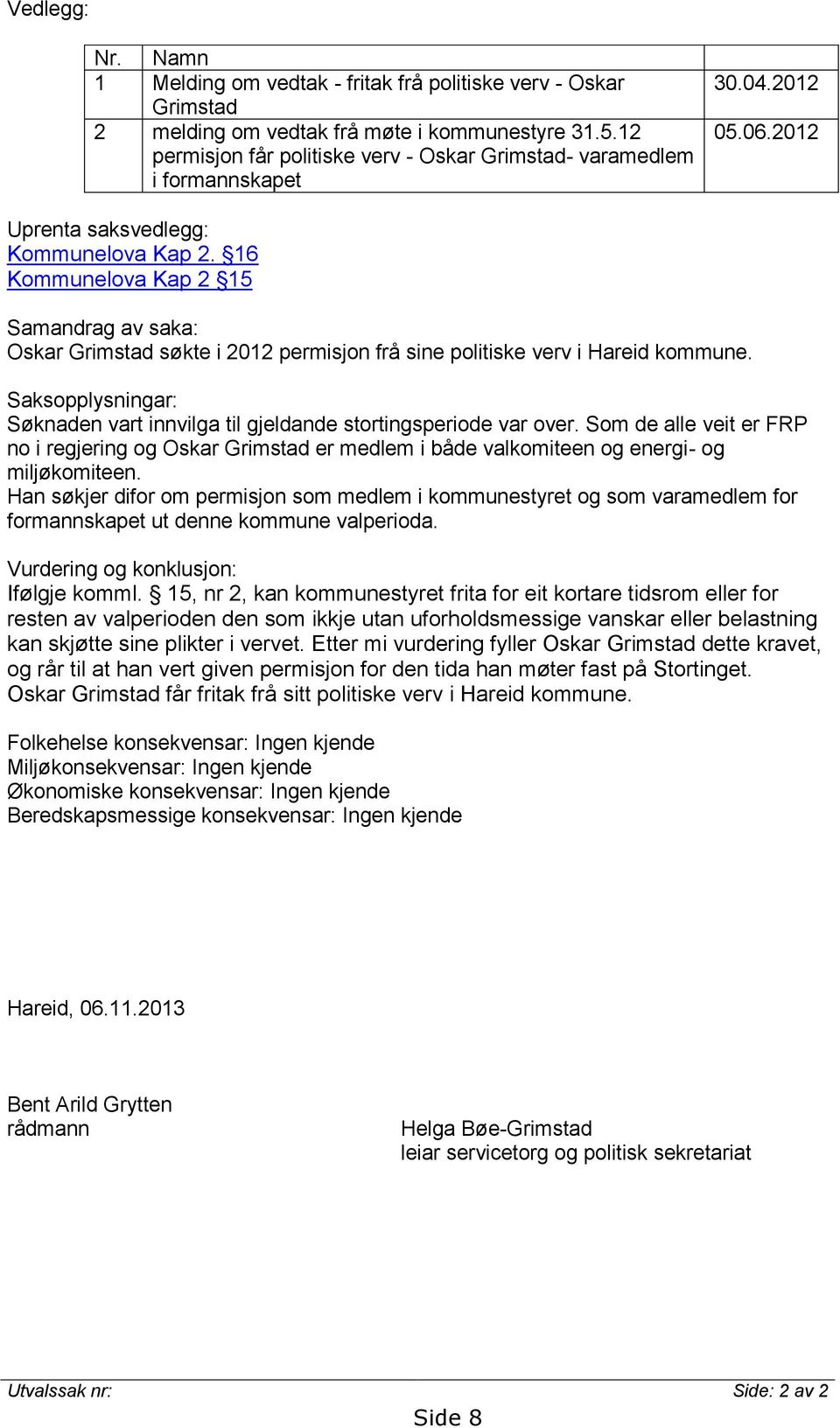 16 Kommunelova Kap 2 15 Samandrag av saka: Oskar Grimstad søkte i 2012 permisjon frå sine politiske verv i Hareid kommune.