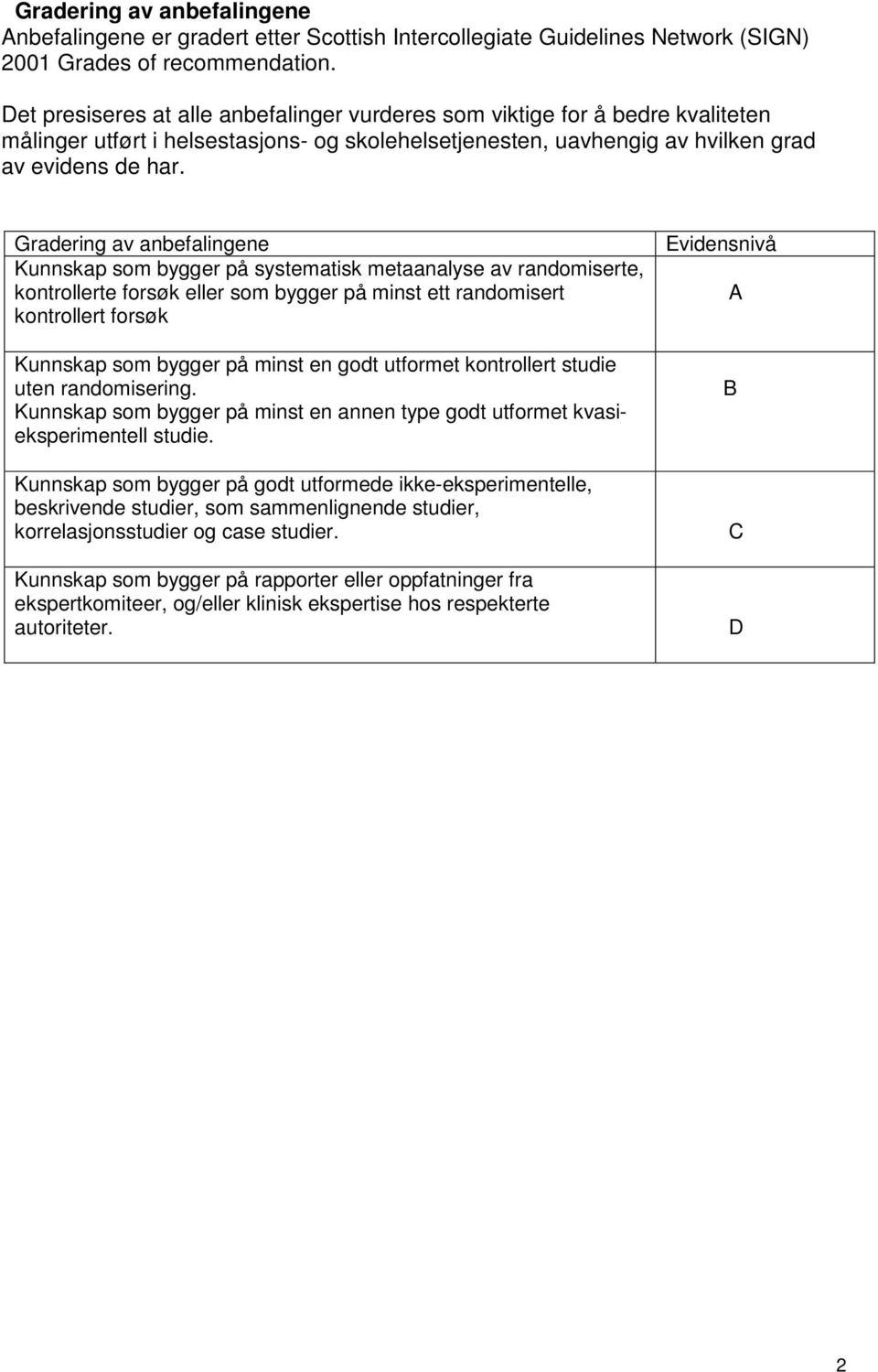 Gradering av anbefalingene Kunnskap som bygger på systematisk metaanalyse av randomiserte, kontrollerte forsøk eller som bygger på minst ett randomisert kontrollert forsøk Kunnskap som bygger på