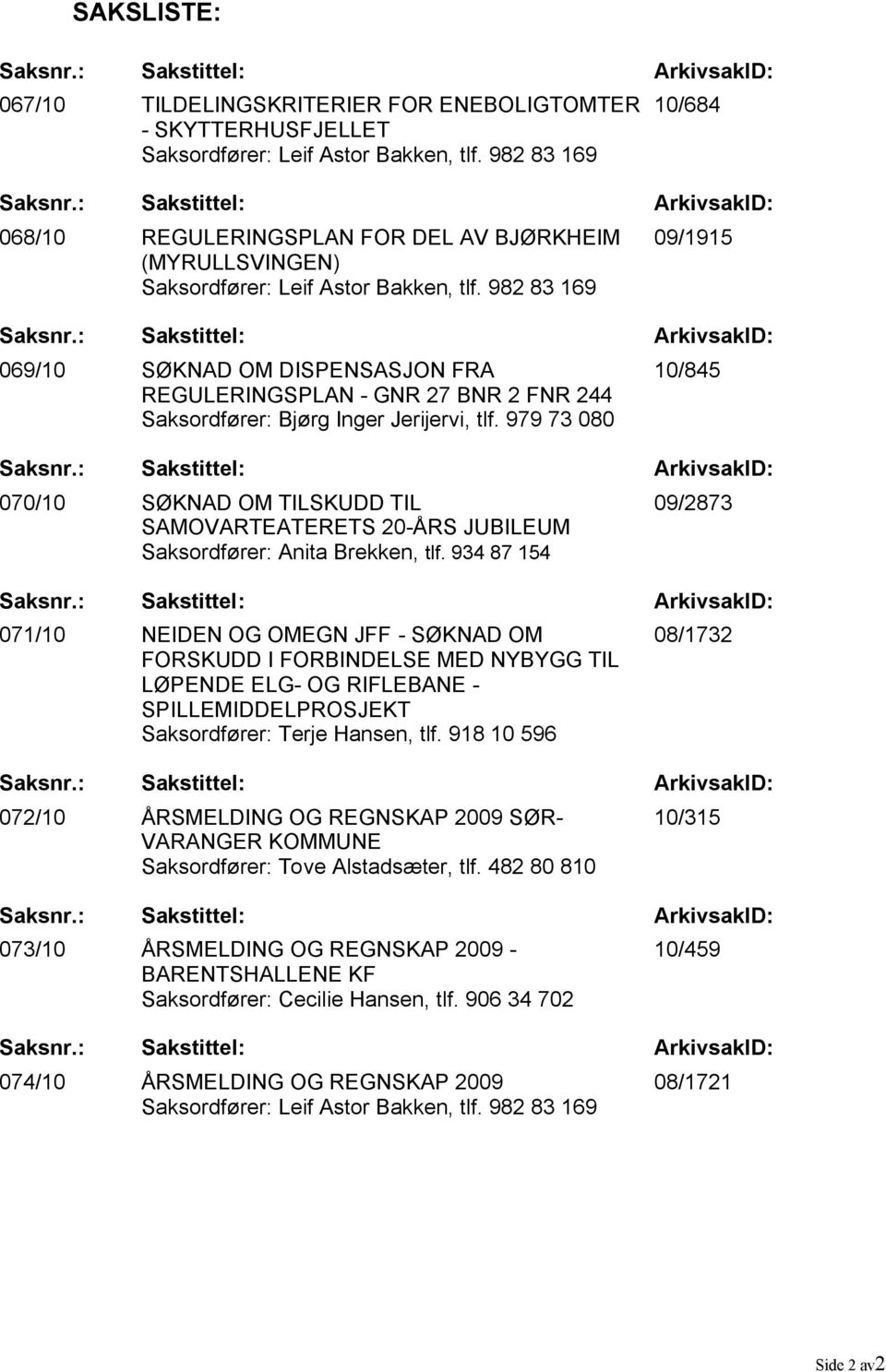 : Sakstittel: ArkivsakID: 069/10 SØKNAD OM DISPENSASJON FRA REGULERINGSPLAN - GNR 27 BNR 2 FNR 244 Saksordfører: Bjørg Inger Jerijervi, tlf. 979 73 080 10/845 Saksnr.