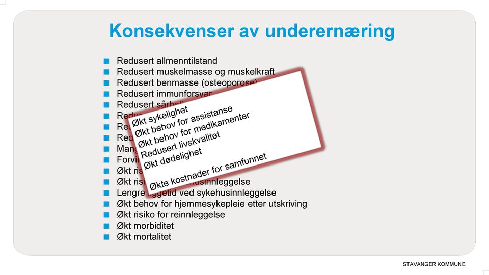 Mangelsykdommer Forvirring, apati, uro, nedstemthet Økt risiko for lårhalsbrudd Økt risiko for sykehusinnleggelse Lengre