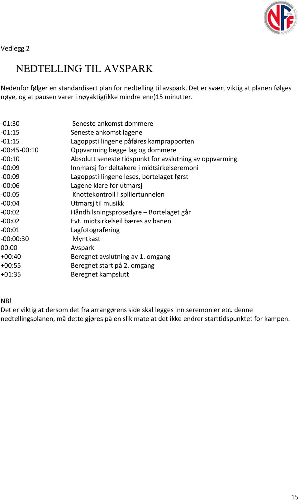 avslutning av oppvarming -00:09 Innmarsj for deltakere i midtsirkelseremoni -00:09 Lagoppstillingene leses, bortelaget først -00:06 Lagene klare for utmarsj -00.